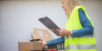 Woman in high-visibility vest handling boxes for delivery service inside a warehouse setting.